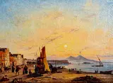 Antonie Sminck Pitloo, Marina con pescatori e Vesuvio sullo sfondo, 1834