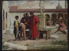 Amos Cassioli, Michelangelo presenta la testa di Fauno a Lorenzo De Medici nel Giardino di San Marco, Sul verso: etichetta manoscritta con indicazioni dell'opera. Bibliografia: