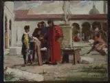 Amos Cassioli, Michelangelo presenta la testa di Fauno a Lorenzo De Medici nel Giardino di San Marco, Sul verso: etichetta manoscritta con indicazioni dell'opera. Bibliografia: