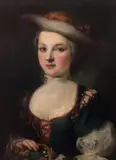 Felice Boscaratti, Portrait of young woman with basket of flowers, The painting shows stylistic affinities with the portraiture of Jacopo Amigoni (1682 –