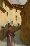 Pompeo Massani, Girl embroidering in the alley, Signature lower right.