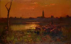 Sunset landscape with shepherd and sheep by Beppe Ciardi, offered Oct 2024