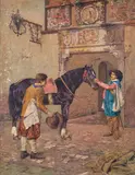 Jean Louis Ernest Messonier, Arrival at the inn, Signature lower right.