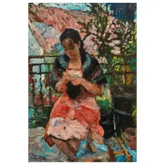 Woman Knitting by Paulo Ghiglia, oil on pressed cardboard, offered Jun 2026