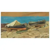 Angiolo Tommasi, Boats On The Beach, oil on panel