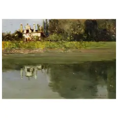 Amedeo Bocchi, A View Of A Riverside Villa, oil on cardboard