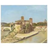 Alberto Salietti, View Of Tiber Island, oil on plywood