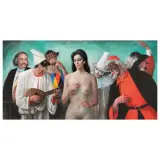 Proferio Grossi, Female Nude Between Carnival Masks, oil on masonite