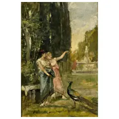 Amos Cassioli, Figures In The Garden With A Peacock