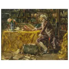 Luca Postiglione, In The Library, oil on cardboard