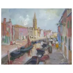 Canal In Burano by Antonio Piatti, oil on plywood, offered Oct 2025