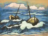 Max Pechstein, Boote in der Brandung, 1949, Tempera auf Papier, über ein weiteres Papier auf einen Rahmen gespannt
