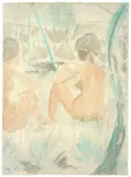 Otto Mueller, Zwei Mädchen am Wasser, Um 1919, Aquarell über schwarzer und farbiger Kreide auf strukturiertem Papier