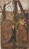 Paula Modersohn-Becker, Birkenstämme, rechts ein rotes Haus