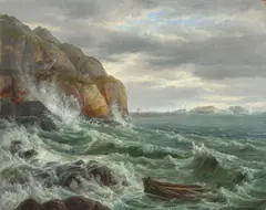 Johan Christian Clausen Dahl, Stürmisches Meer an einer Felsenküste, Öl auf Leinwand