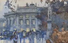 Jaroslav Šetelík, Outside the Opera House, Around 1916, watercolour, cardboard