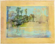 William Dunlap, Palm Grove and Pond, 1963, Gouache on paper