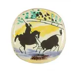 Pablo Picasso, Picador and Bull, 1953, Round/square plate of white earthenware clay, engraving covered with oxidized paraffin, highlights with oxides under glaze