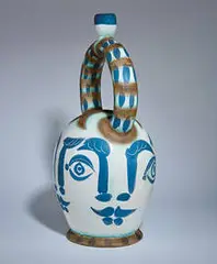Pablo Picasso, Aztec Vase with Four Faces, 1957, Turned vase of white earthenware clay, decoration in engobes, knife engraved, paraffin, white enamel