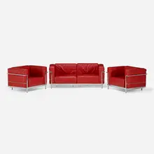 Salon suite by Le Corbusier, chrome-plated steel, leather, sold Mar 2023