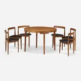 Hans Olsen, Roundette dining table and chairs, set of six, c. 1960, teak, vinyl
