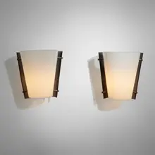 Sconces, pair by Stilnovo, c. 1955, enameled steel, acrylic, brass, sold Mar 2023