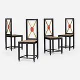 attribution Michel Dufet, Dining chairs, set of four, c. 1925, lacquered wood, gilt wood, upholstery