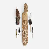 New Guinea and Oceana, Collection of six works, carved wood, bone, feathers, fibers, shells, pigment, mother-of-pearl inlay