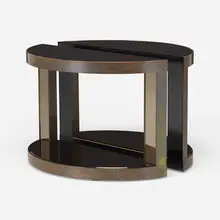 Console tables, pair by Modern, c. 1975, black mirrored glass, patinated brass, sold Mar 2023