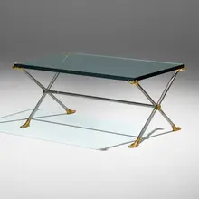 Maison Jansen, Coffee table, c. 1960, brushed steel, gilt bronze, glass