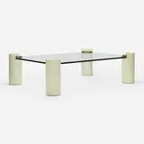 Karl Springer, Sculpture Leg coffee table, c. 1978, lacquered Fossil Stone vellum over wood, matte chrome-plated steel, glass
