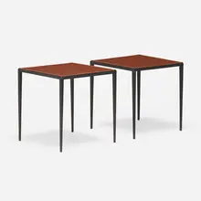 François-Claudius Compte-Calix, Occasional tables, pair, c. 1940, enameled iron, leather