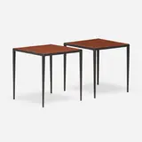 François-Claudius Compte-Calix, Occasional tables, pair, c. 1940, enameled iron, leather