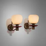 Angelo Lelii, Wall sconces model 12653, pair, c. 1957, brass, frosted glass, acrylic, lacquered brass