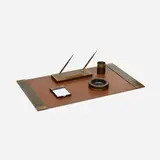 Smith Metal Arts Company, Desk set, c. 1965, leather, patinated bronze, enameled metal, wire, paper
