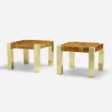 Cityscape occasional tables, pair by Paul Evans, c. 1970, maple burl veneer, brass, sold Mar 2023