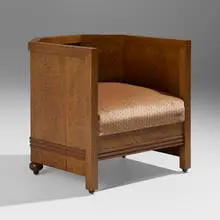Frank Lloyd Wright, Barrel chair from the B. Harley Bradley House, Kankakee, Illinois, c. 1900, oak, upholstery, steel casters