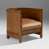 Frank Lloyd Wright, Barrel chair from the B. Harley Bradley House, Kankakee, Illinois, c. 1900, oak, upholstery, steel casters