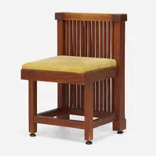 Frank Lloyd Wright, Spindle side chair for the Lawrence Memorial Library, Springfield, Illinois, c. 1905, oak, upholstery