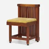 Frank Lloyd Wright, Spindle side chair for the Lawrence Memorial Library, Springfield, Illinois, c. 1905, oak, upholstery