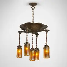 attribution and Steuben Handel, Five-light hanging fixture, c. 1915, patinated copper, Aurene glass