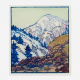 Frances Gearhart, Rugged Peaks and Trees, woodcut in colors