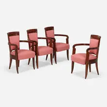 Marc Simon, Armchairs from the First Class Dining Room of the S.S. Liberté, set of four, c. 1950, mahogany, upholstery