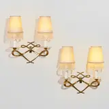 René Prou, Wall sconces, pair, c. 1940, brass, electroplated metal, frosted glass, linen, plastic beads
