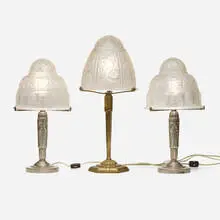 Schneider, Collection of three table lamps, c. 1925, frosted glass, nickel-plated brass, patinated bronze