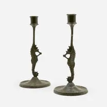Edward Timothy Hurley, Seahorse candlesticks, pair, 1916, patinated bronze