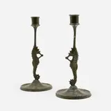 Edward Timothy Hurley, Seahorse candlesticks, pair, 1916, patinated bronze