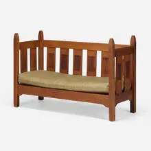 L. & J.G. Stickley from the Onondaga Shops, Rare and Early settee with carved leaves, c. 1905, oak, leather