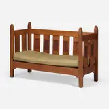 Rare and Early settee with carved leaves by L. & J.G. Stickley from the Onondaga Shops, c. 1905, oak, leather, sold Mar 2024