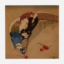 Carl Moser, White-Spotted Peacock, 1927, woodcut in colors on Japon paper